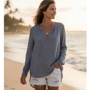 BeachLunchLounge Henley Style Blue White Striped Linen Blend Popover Top M